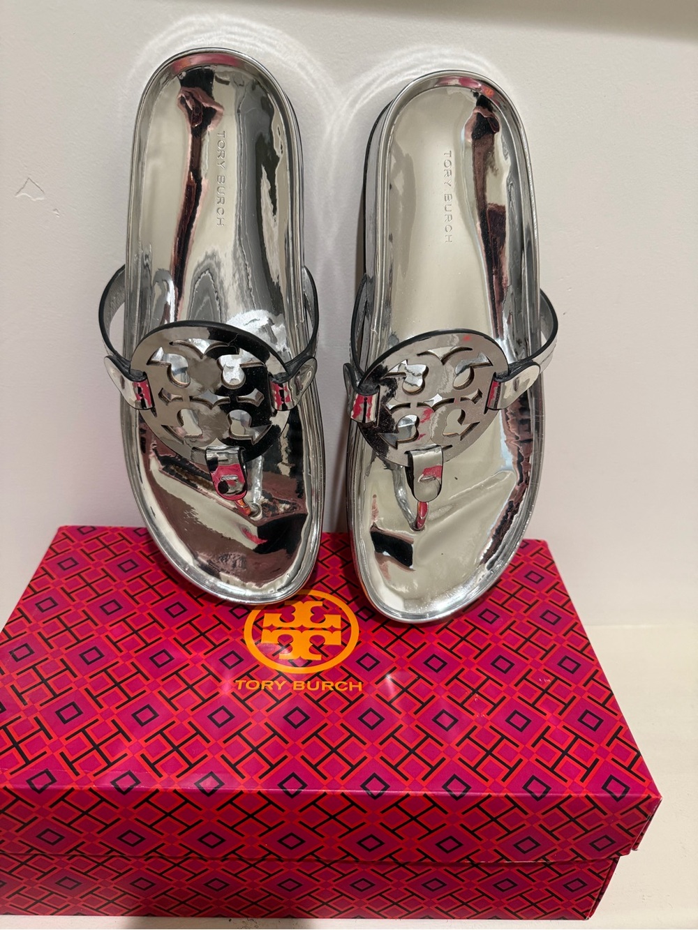 Tory Burch Metallic Silver Logo Thong Sandals - Picture 8 of 9